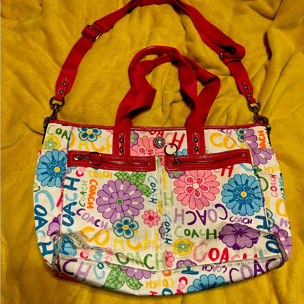 Coach multicolored diaper bag.  I used it for laptop and to carry files.